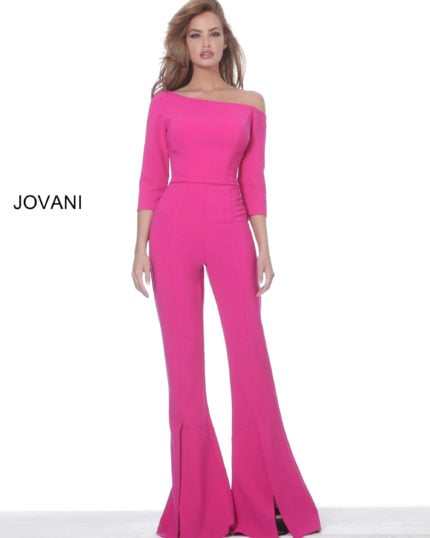 Model wearing Jovani 1867 fuchsia off-the-shoulder jumpsuit.