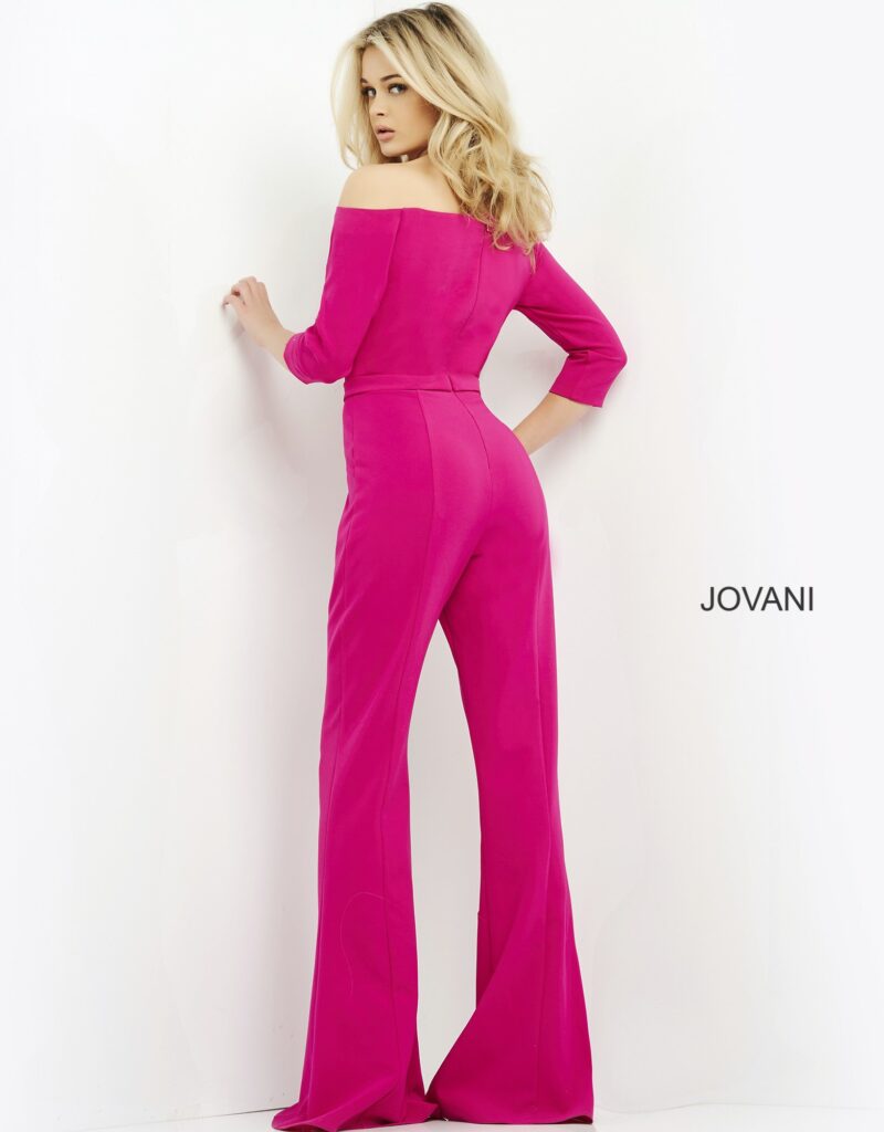 Jovani 1867 Fuchsia Three Quarter Sleeve Contemporary Jumpsuit