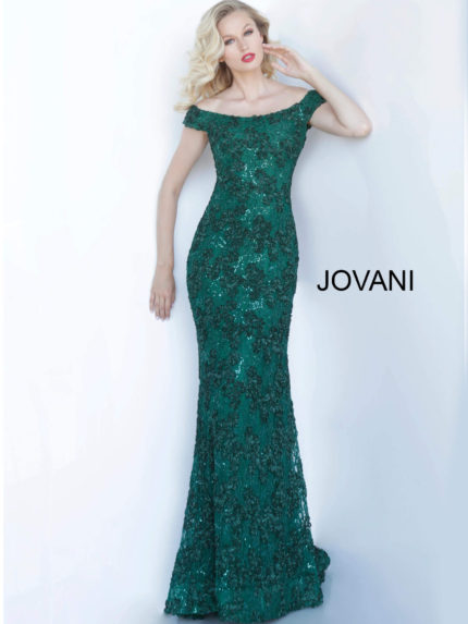 Model wearing Jovani 1910 green dress with off-the-shoulder neckline and mermaid silhouette from the front