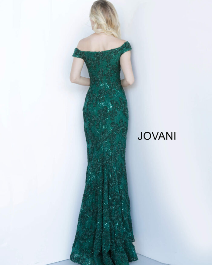 Model wearing Jovani 1910 Emerald Off the Shoulder Fitted Mother of the Bride Dress