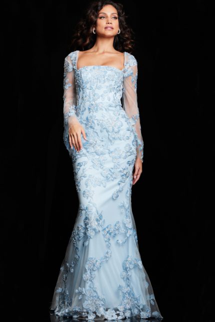 Model wearing Jovani 220520 full-length light blue gown with floral detailing, front view.