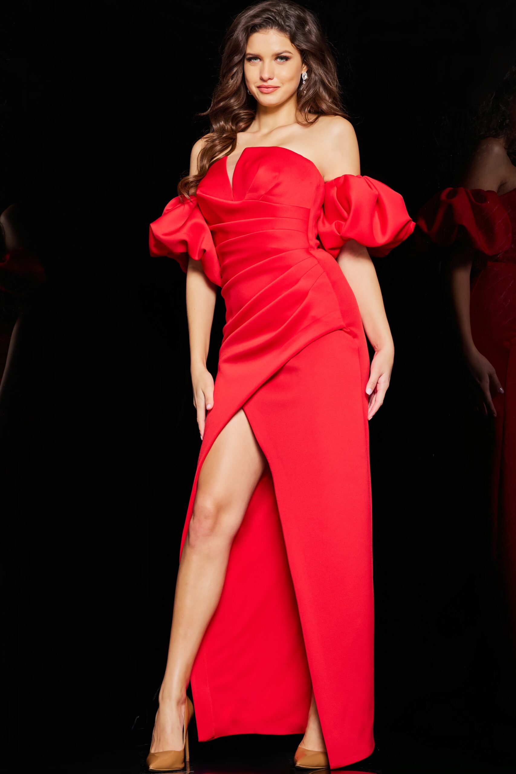 Red Pleated Bodice Long Gown 220710