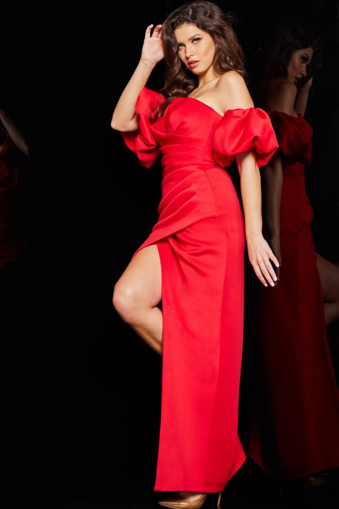 Model wearing Red Pleated Bodice Long Gown 220710
