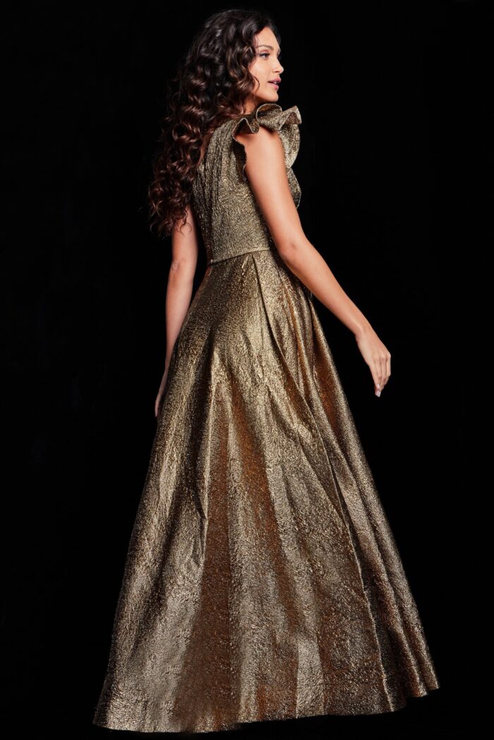 Model wearing Jovani 22268 Gold A Line One Shoulder Gown