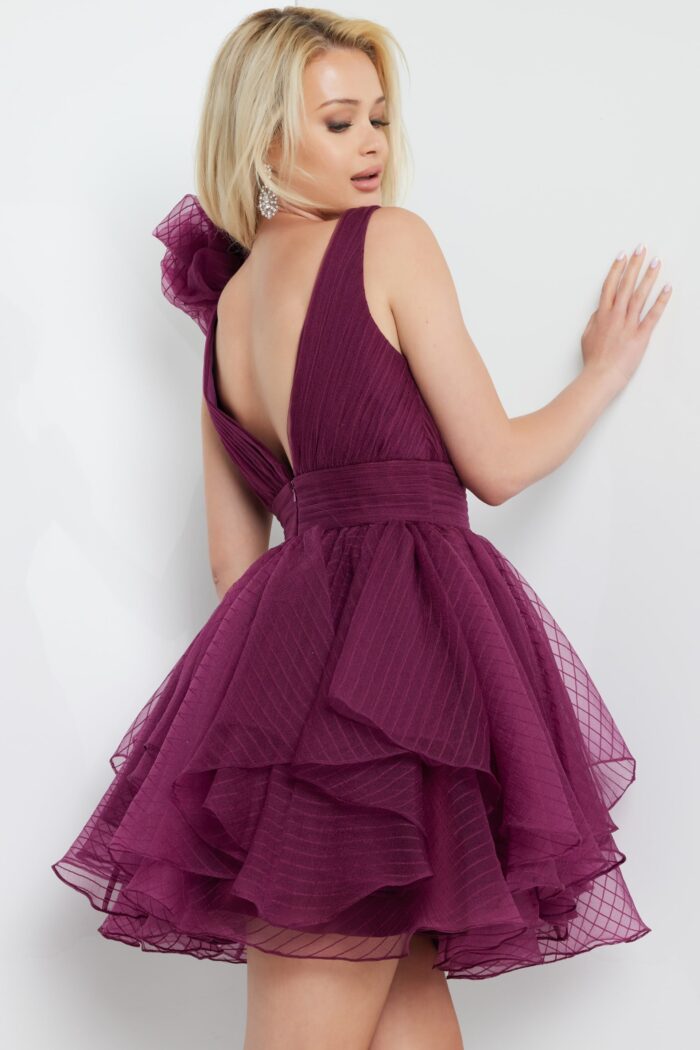 Model wearing Jovani 22279 Burgundy Fit and Flare Short Dress