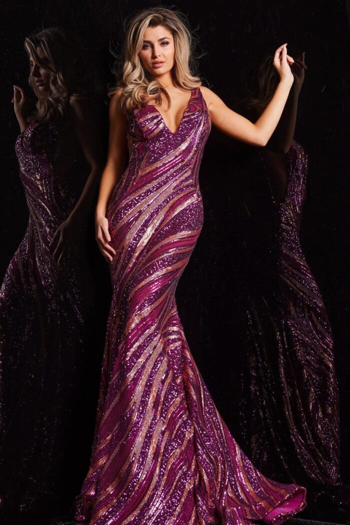 Model wearing Pink Silver Sequin Mermaid Dress 22314