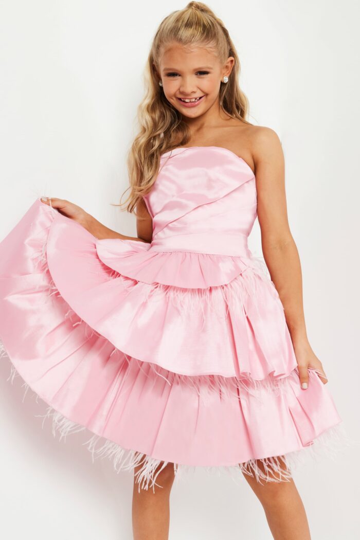 Model wearing Jovani K22326 Pink Fit and Flare Ruffle Skirt Kids Dress