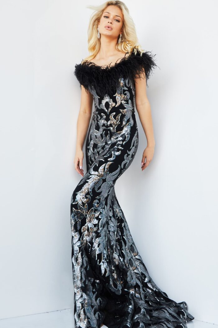 Model wearing Jovani 22346 Black Gunmetal Off the Shoulder Sequin Dress