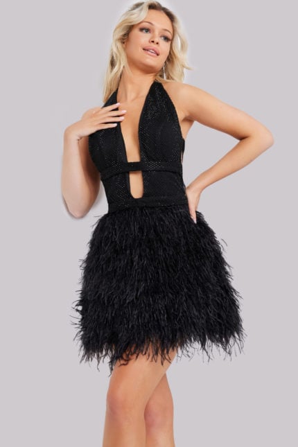 Model showcasing Jovani 22387 black dress V-neckline with feathered skirt.