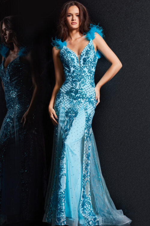 Model wearing Blue Backless Sequin Dress 22507