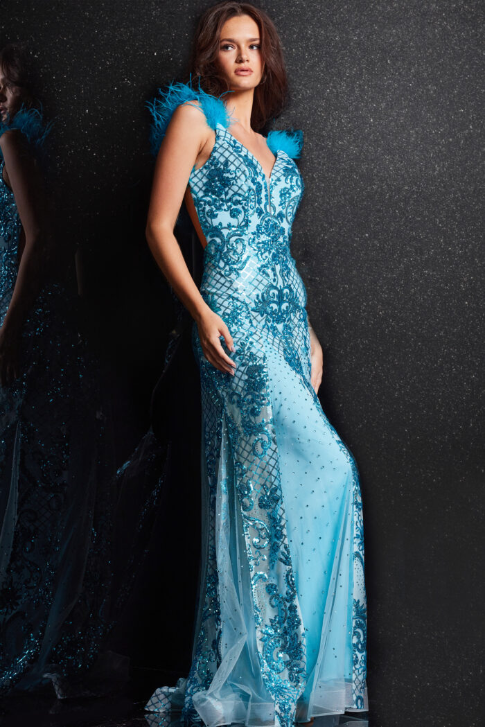 Model wearing Blue Backless Sequin Dress 22507