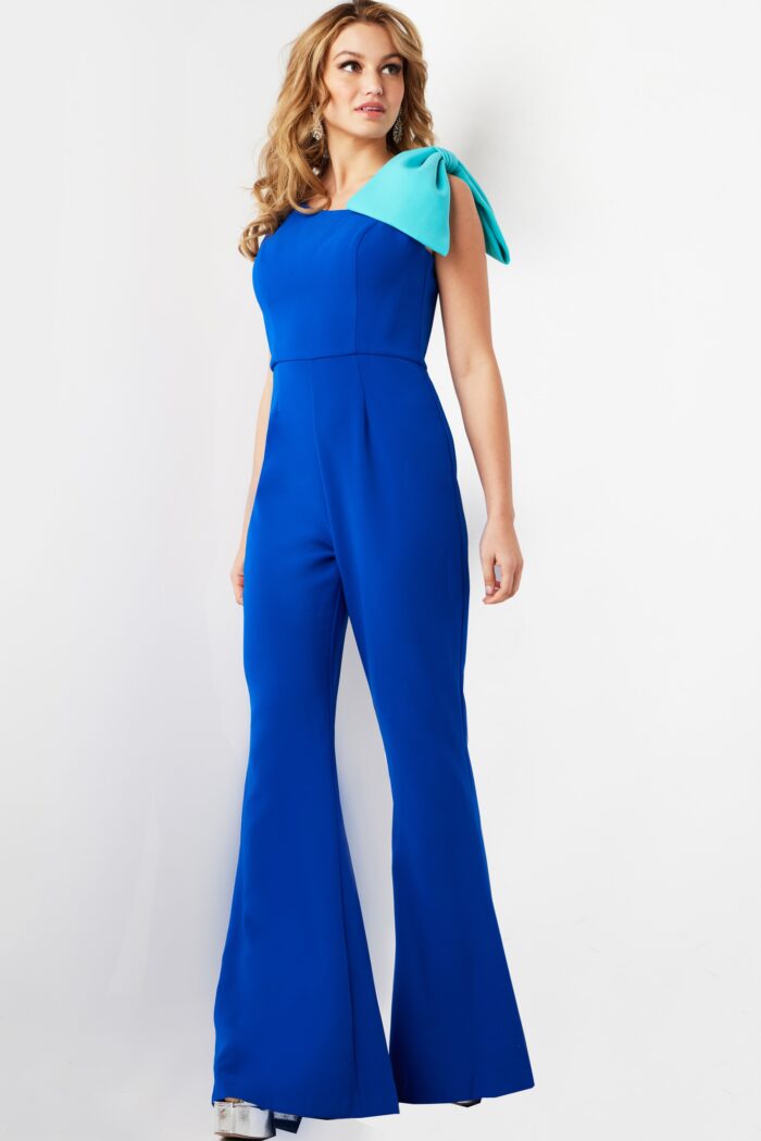 Model wearing Royal Turquoise Bow Shoulder Contemporary Jumpsuit 22589