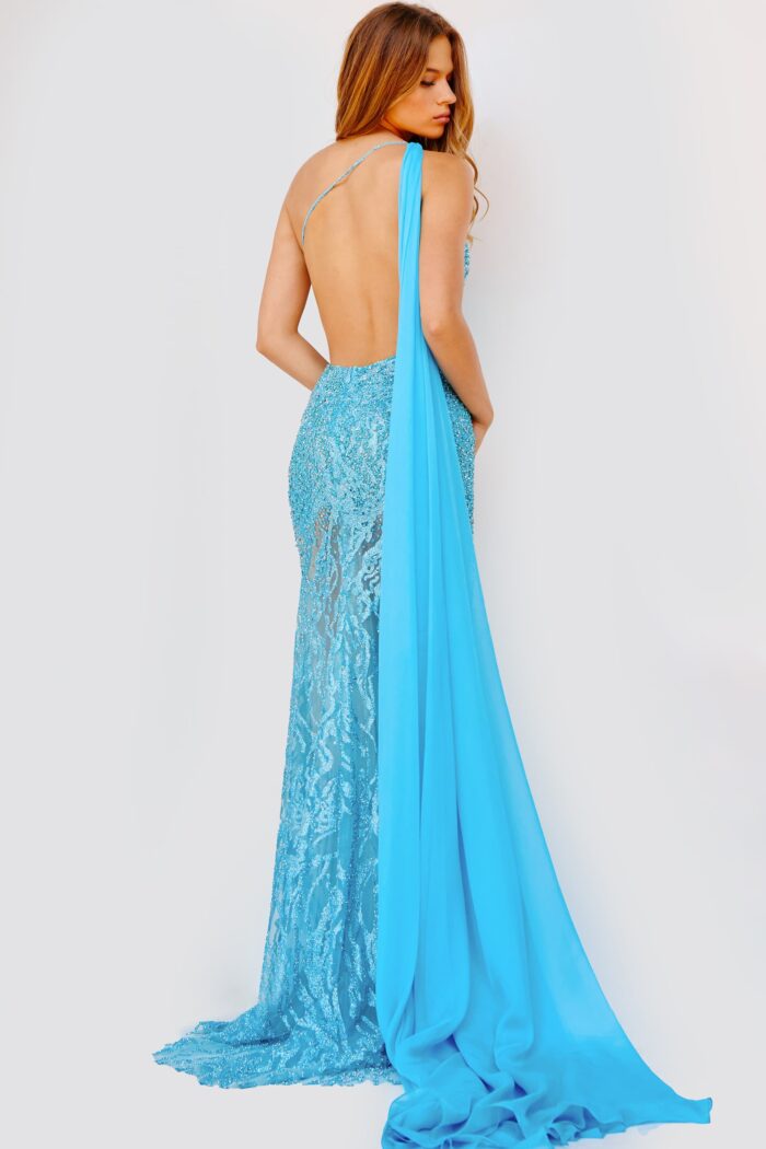 Model wearing Jovani 22602 Turquoise Beaded One Shoulder Dress
