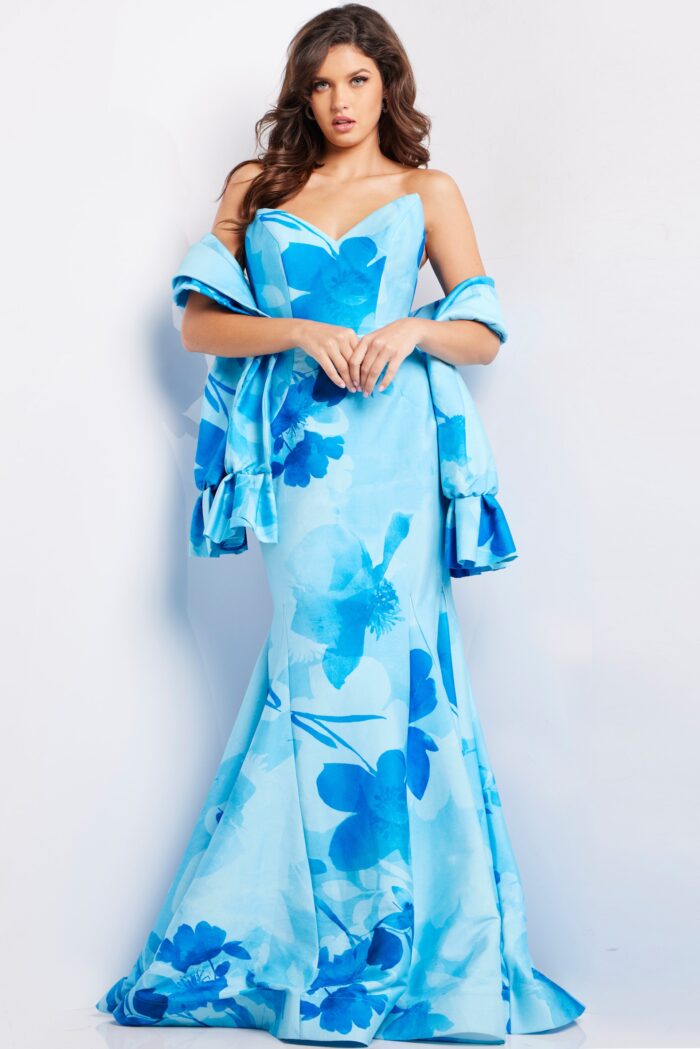 Model wearing Blue Print Strapless Mermaid Dress 22706