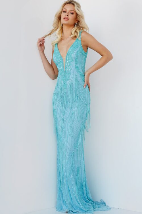 Model wearing Jovani 22712 Turquoise V Neck Beaded Party Dress
