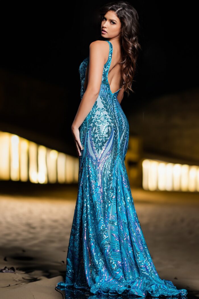 Model wearing Jovani 22770 Iridescent Jade V Neck Embellished Long Dress
