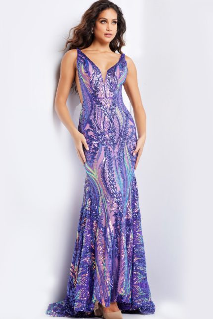 Model wearing Jovani 22770 purple dress with V-neckline and mermaid silhouette, front view.