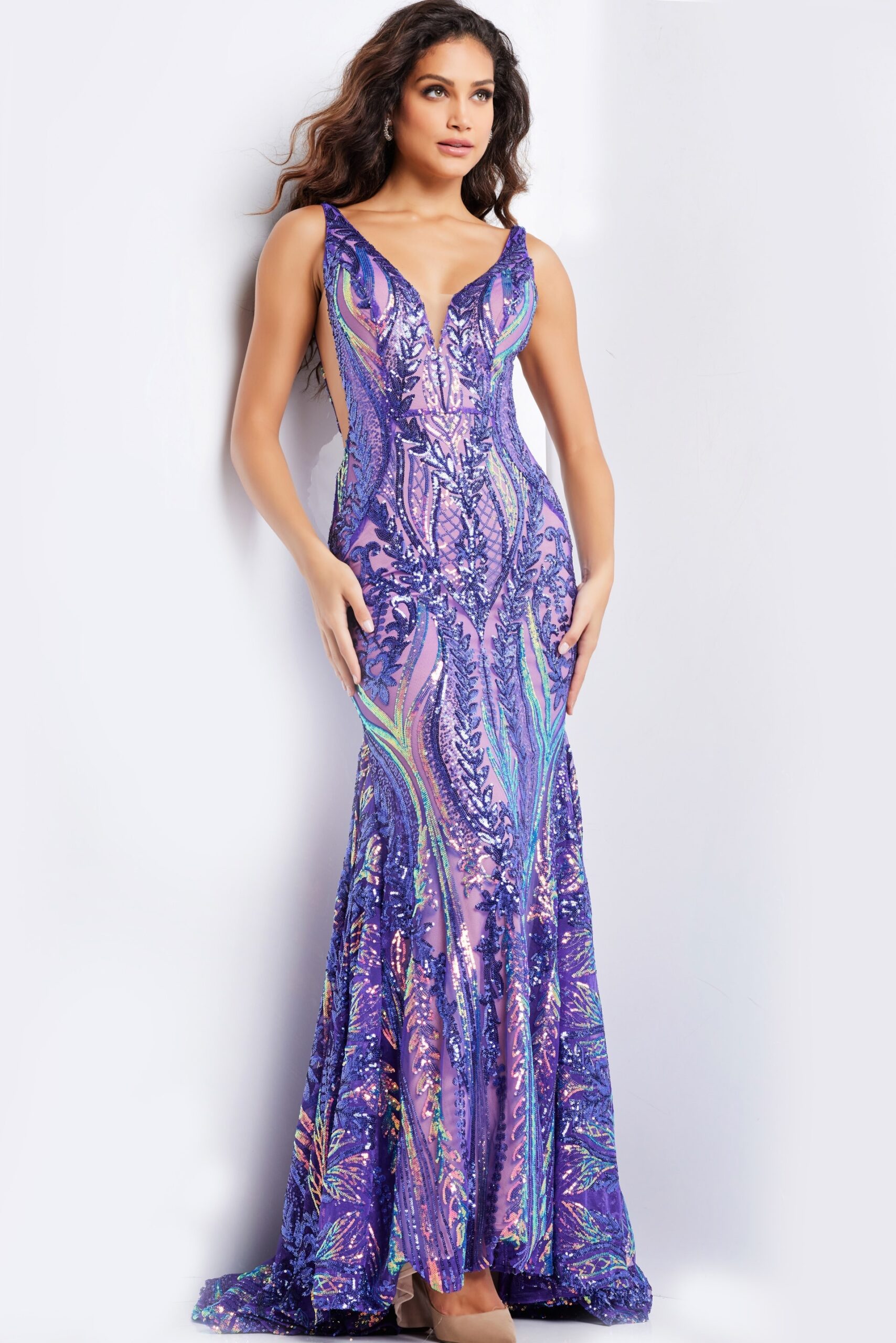 Model wearing Purple Sequin Fitted Gown 22770
