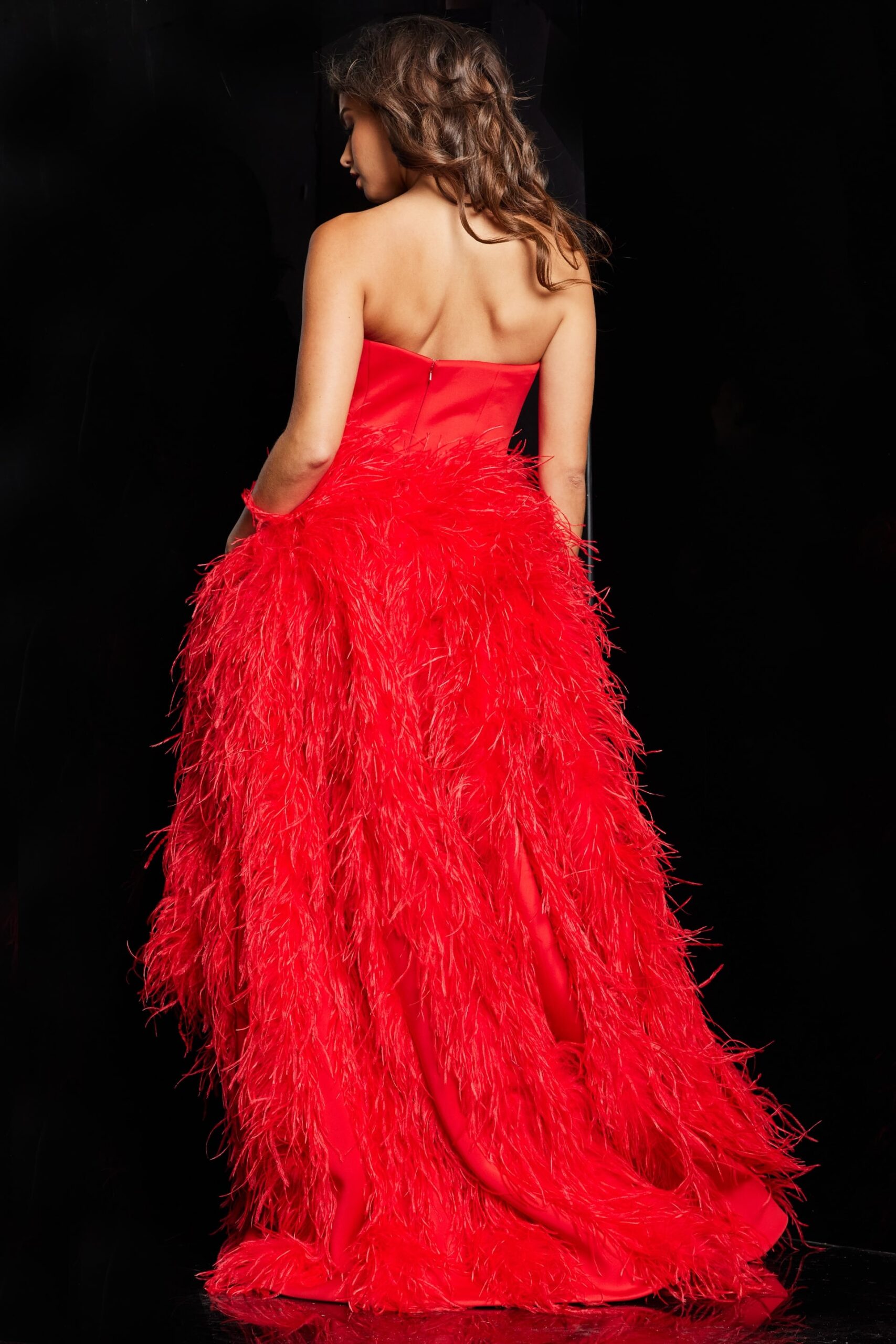 Red Feather Over Skirt Strapless Jumpsuit 22817