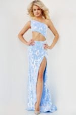 Model wearing Jovani 22853 blue dress with one-shoulder neckline and high slit front view.