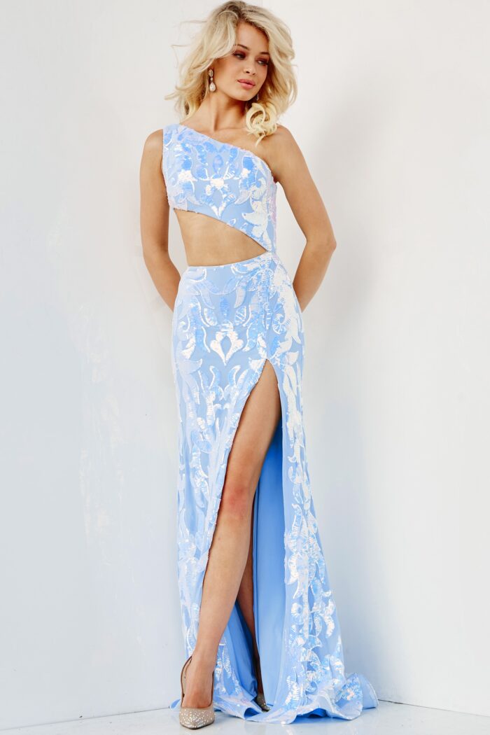 Model wearing Jovani 22853 Light Blue One Shoulder High Slit Dress