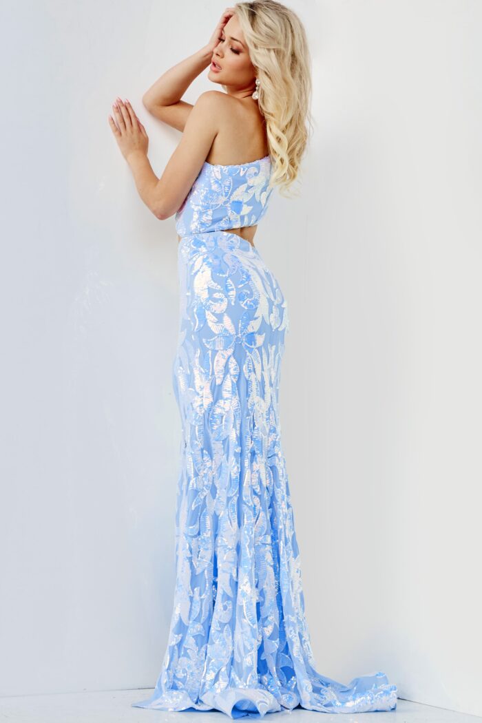 Model wearing Jovani 22853 Light Blue One Shoulder High Slit Dress