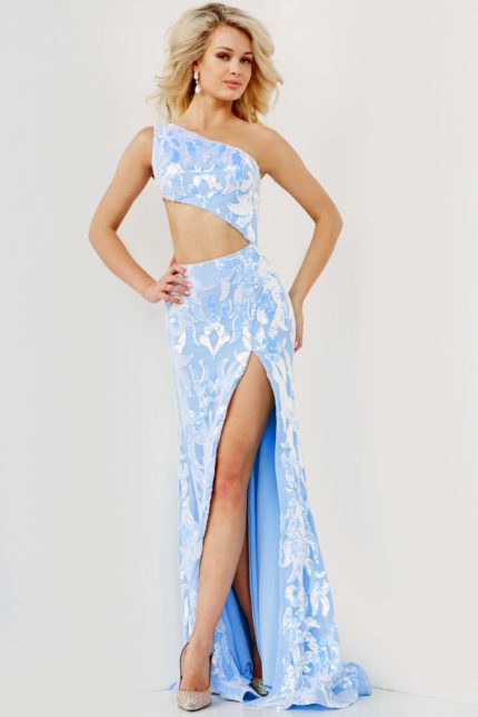 Model wearing Jovani 22853 blue dress showing front with floral lace embroidery.