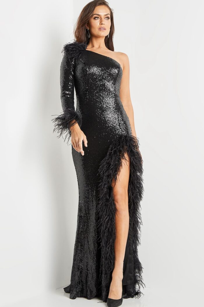 Model wearing Jovani 22895 Black Sequin Feather Embellished Dress