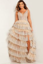 Model in JVN22904 nude gown with sequined ruffles and deep V-neckline