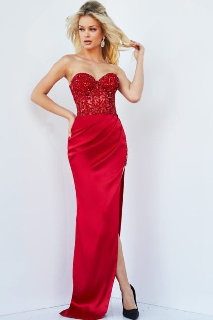 model wearing Jovani 22911 red gown with sweetheart neckline