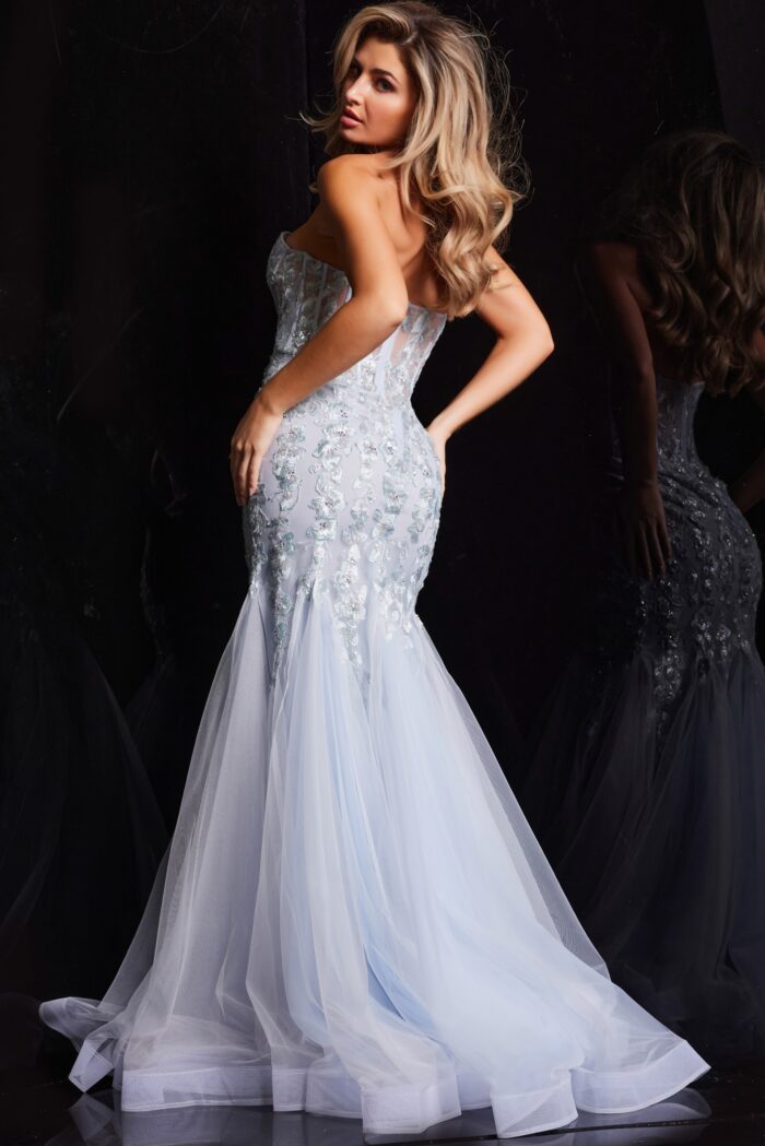 Model wearing Light Blue Mermaid Beaded Dress 22924