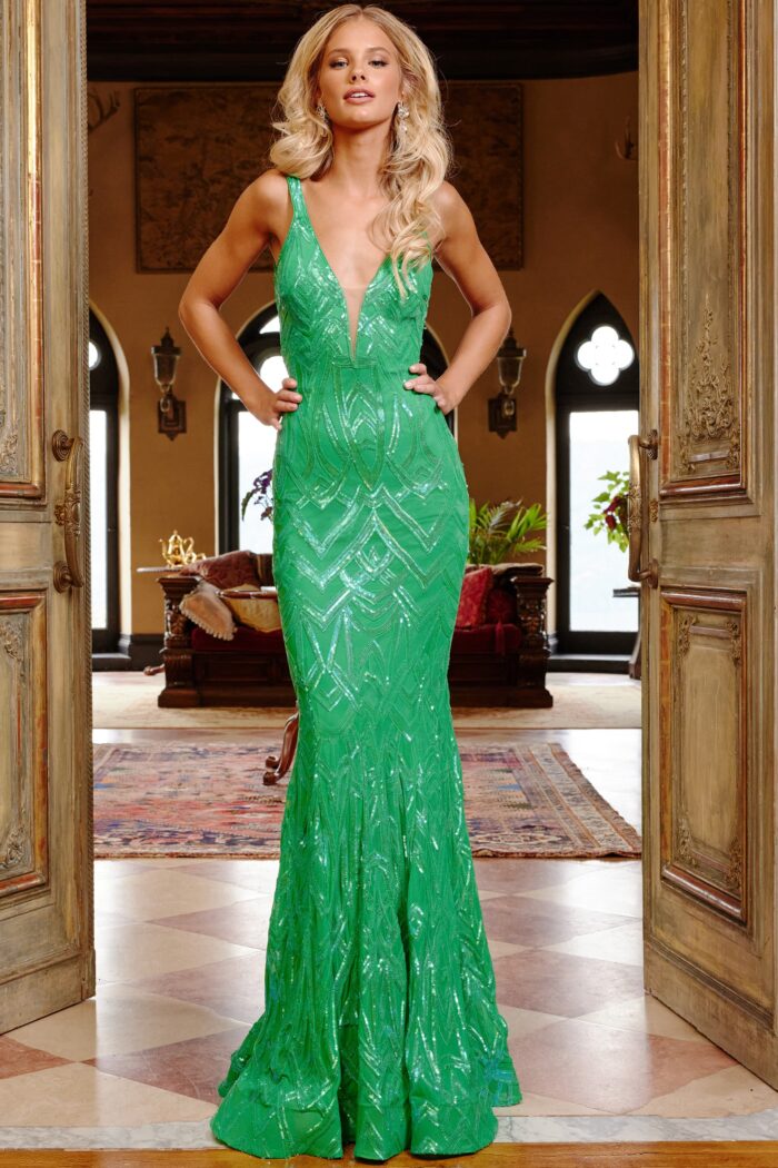 Model wearing Jovani 23027 Green Low V Neck Sheath Long Dress