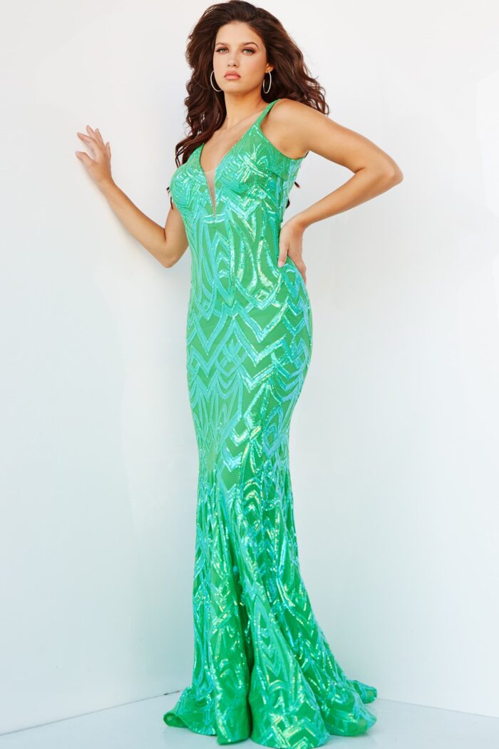 Model wearing Jovani 23027 Green Low V Neck Sheath Long Dress