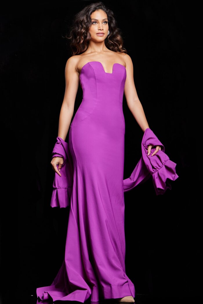 Model wearing Berry Strapless Sheath Dress 23029
