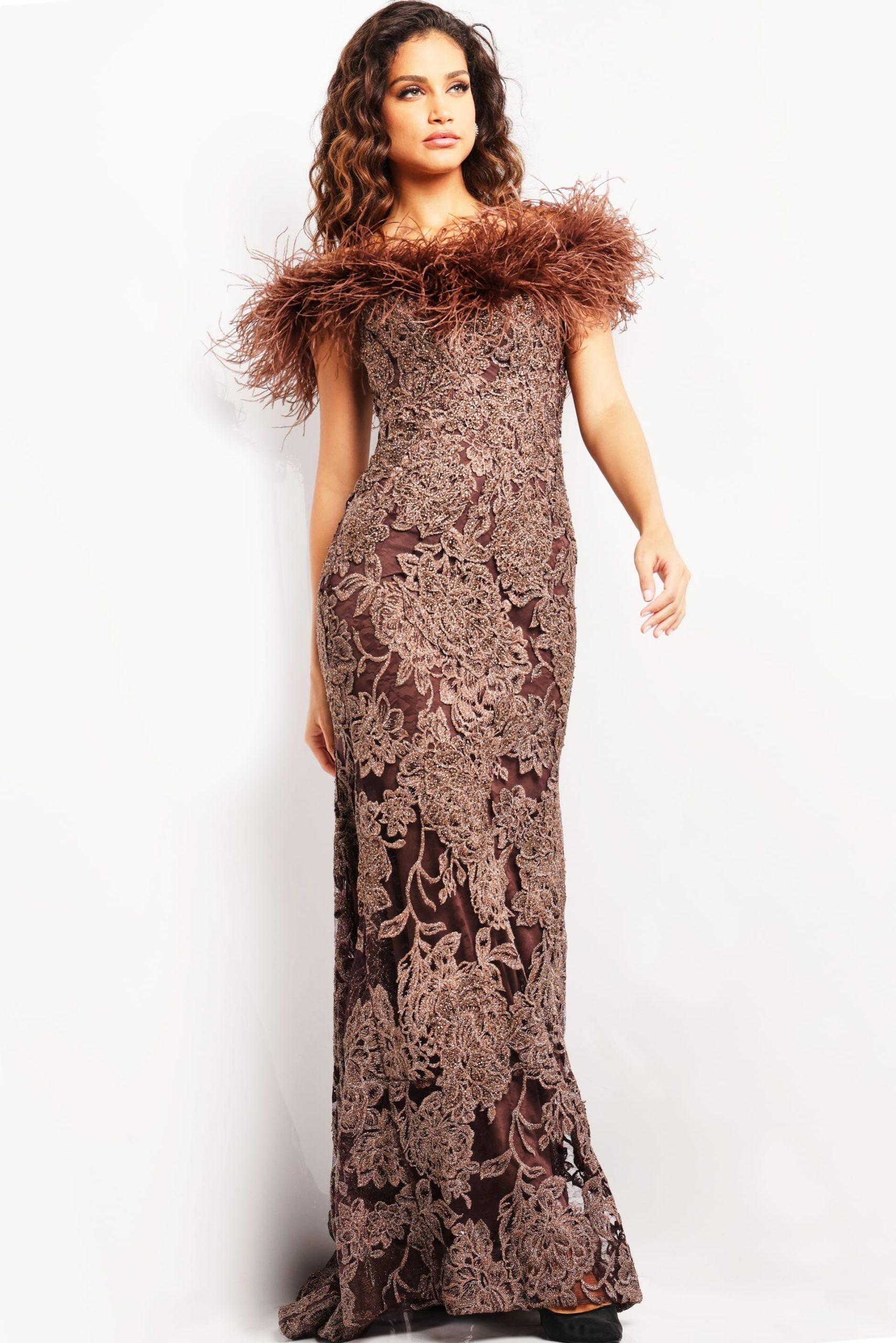 Brown Lace Off the Shoulder Gown 23030