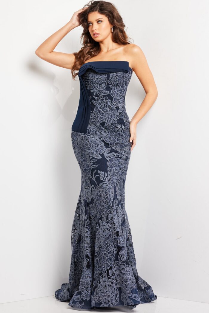 Model wearing Navy Embellished Lace Strapless Gown 23031