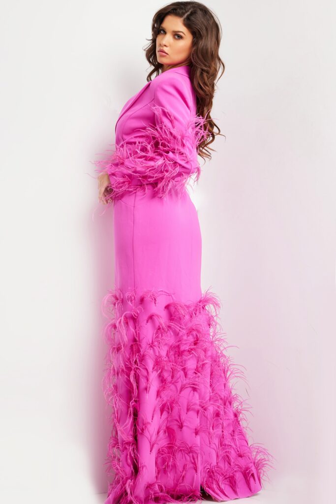 Hot Pink Feather Embellished Long Sleeve Gown 23075