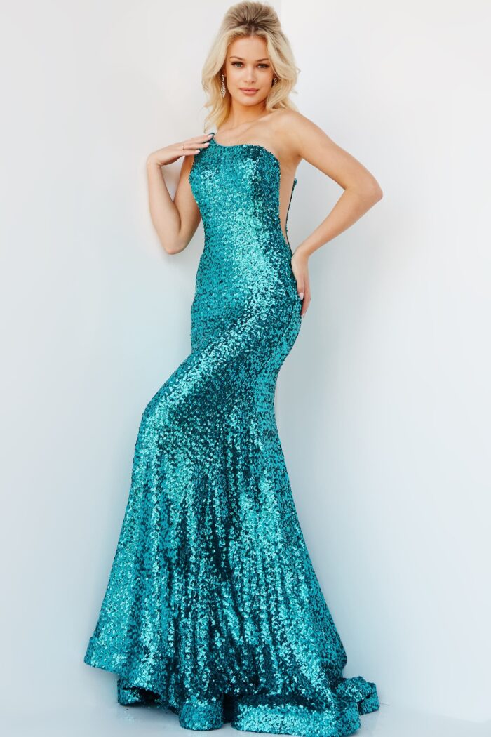 Model wearing Jovani 23076 Emerald Sequin One Shoulder Prom Dress