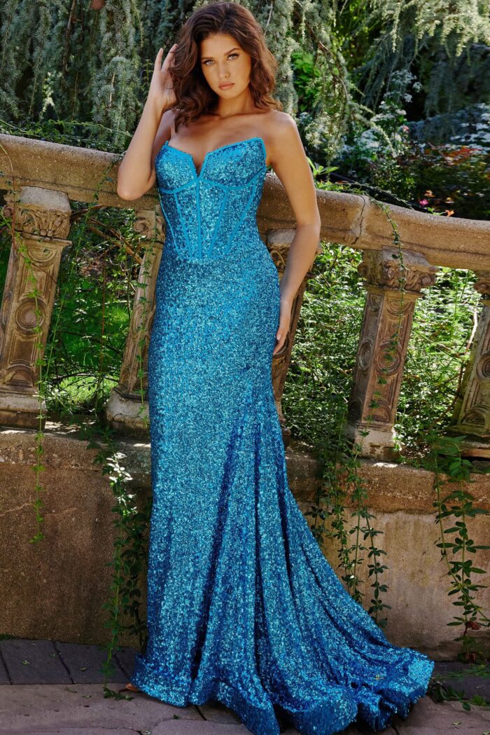 Model wearing Jovani 23077 Beaded Turquoise Strapless Evening wear