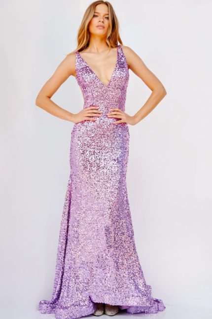 Model showcasing Jovani 23079 lilac dress with sequin details