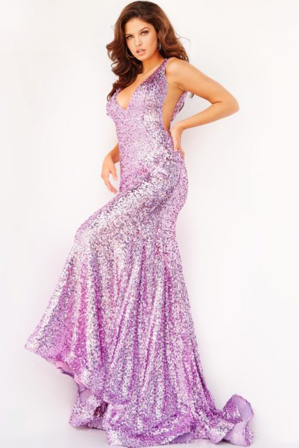 Model in front view wearing Jovani 23079 lilac dress