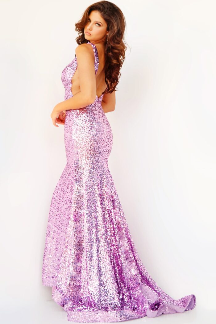 Model wearing Jovani 23079 Lilac Sequin Fitted Gown