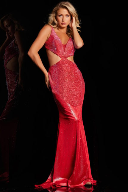 Model wearing Jovani 23098 red floor-length mermaid gown with V-neckline and side cutouts