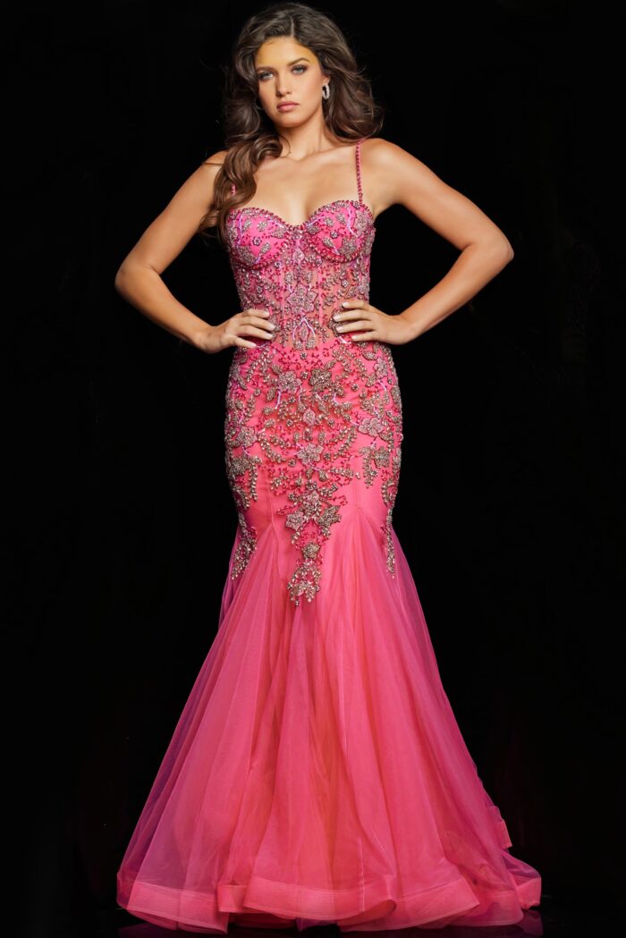 Model wearing Hot Pink Silver Embellished Mermaid Dress 23125
