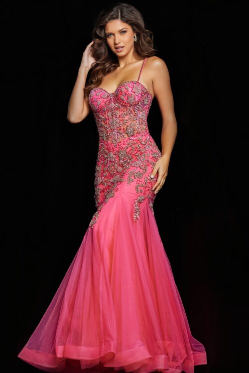 Model wearing Hot Pink Silver Embellished Mermaid Dress 23125