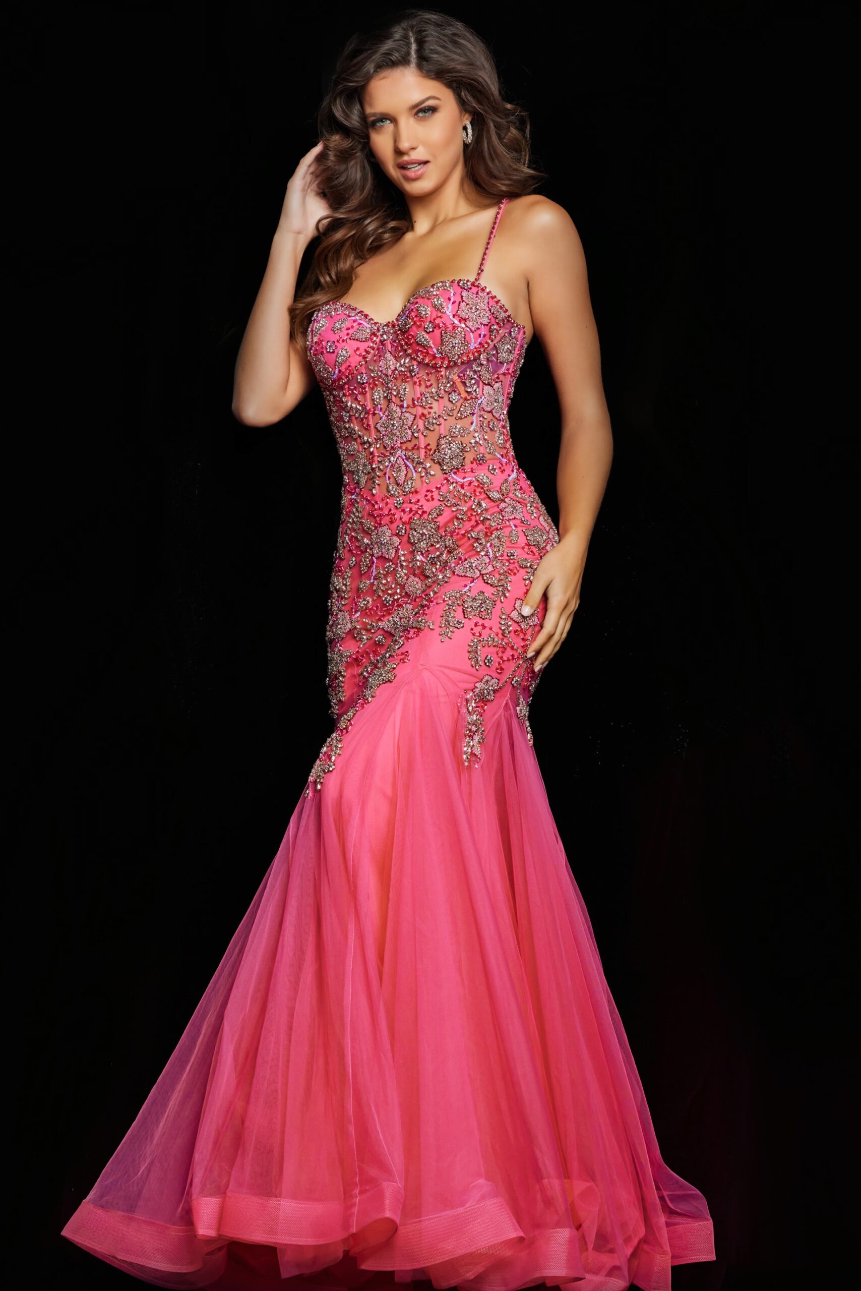 Hot Pink Silver Embellished Mermaid Dress 23125