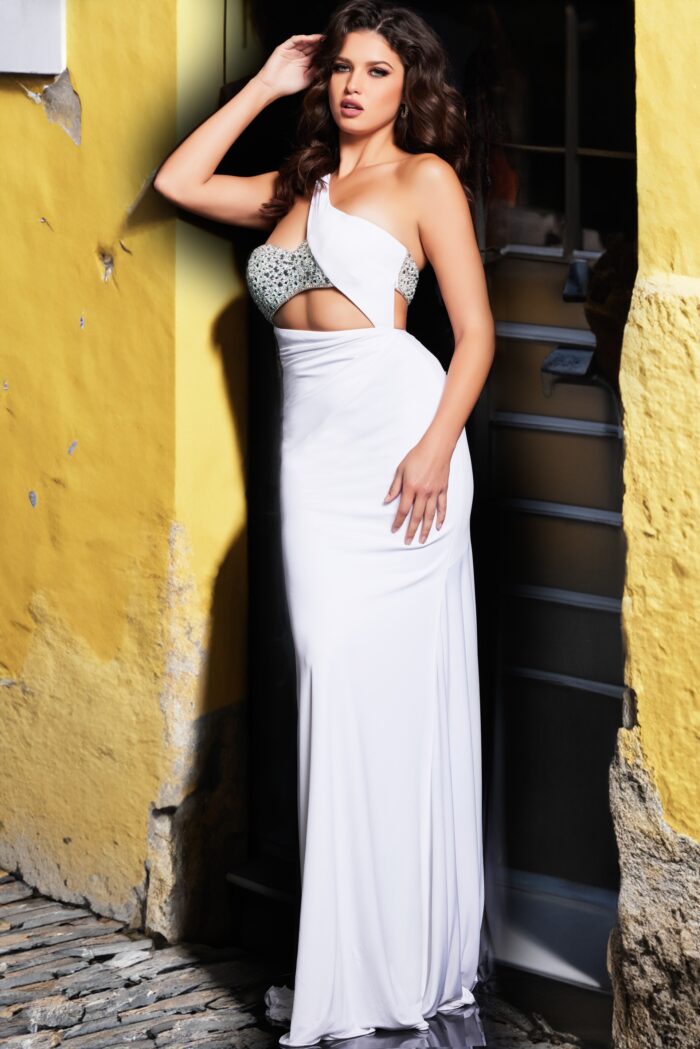 Model wearing Jovani Off White One Shoulder Sexy Dress 23130