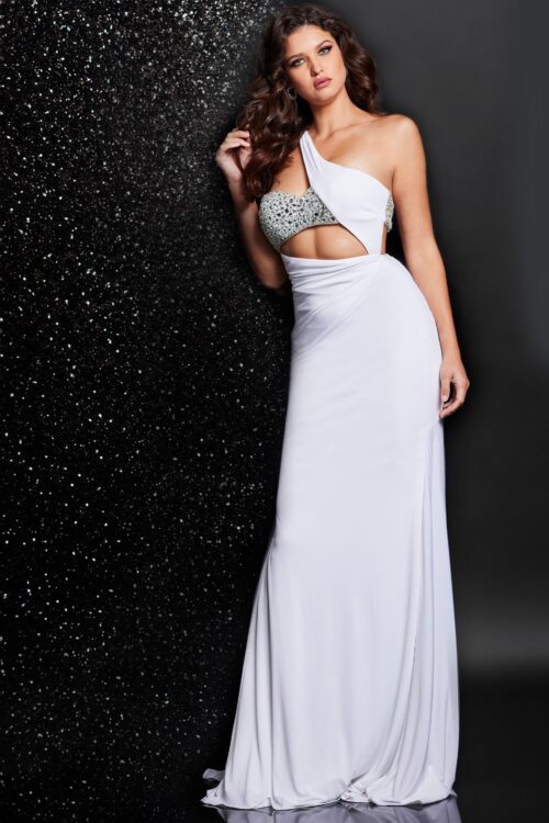Model wearing Jovani Off White One Shoulder Sexy Dress 23130