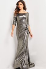 Model wearing Jovani 23136 silver dress, front view with off-shoulder neckline and three-quarter sleeves.