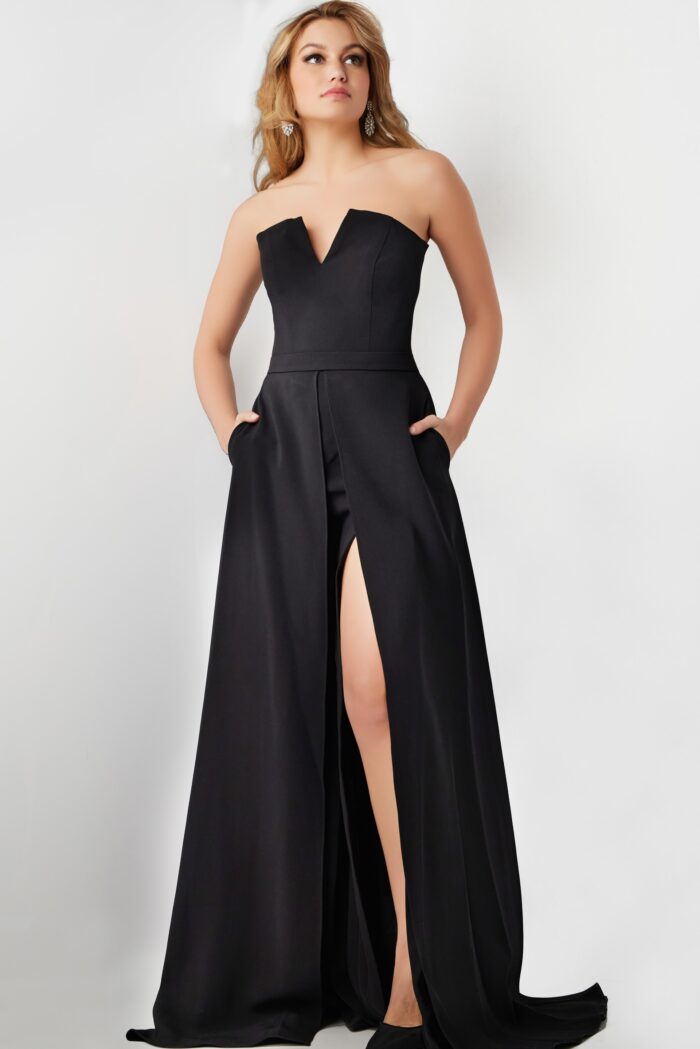 Model wearing Black Strapless Contemporary Jumpsuit 23150